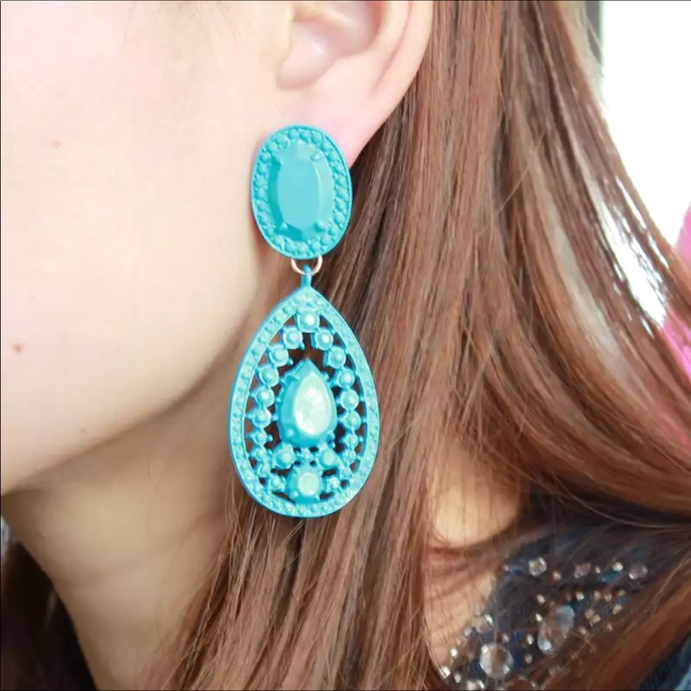 Tear Drop Earrings Statement Dangle Gold Teal